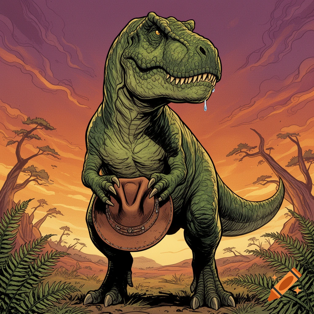 Comic art of a green T-Rex holding a cowboy hat with a tear, set against a sunset landscape.