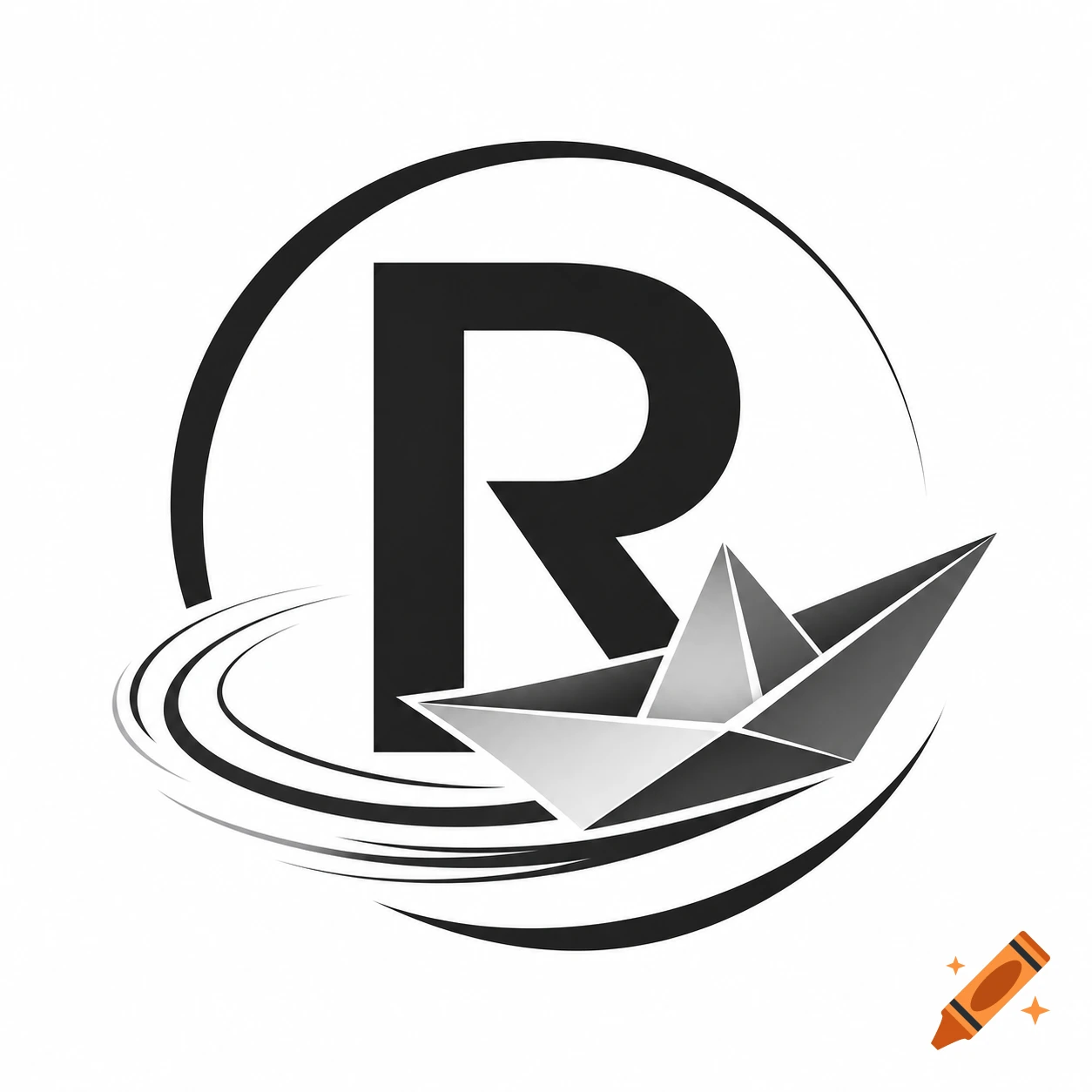 A minimalist logo featuring a bold black letter R inside a black circle, with a grayscale origami boat sailing over swirling lines.