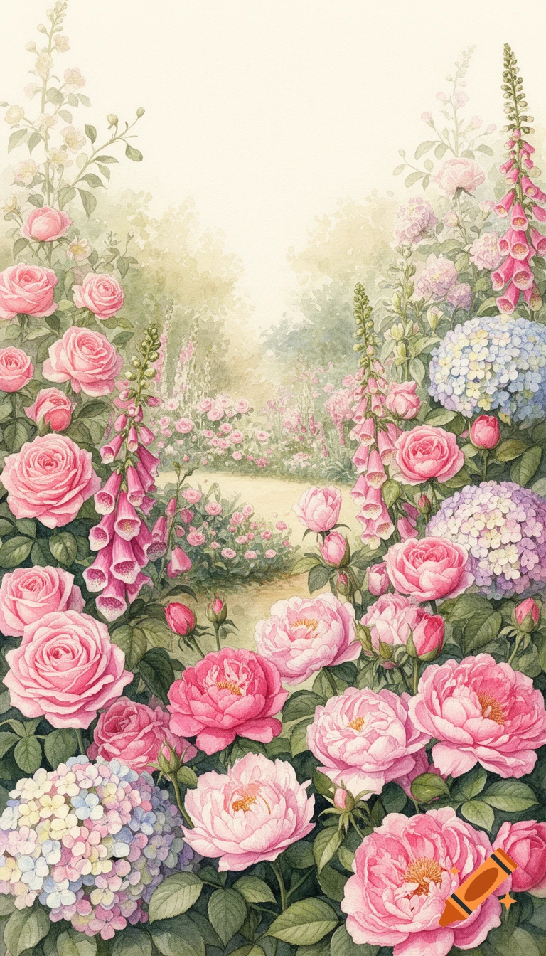 Watercolor illustration of a lush English garden with pink roses, peonies, foxgloves, and blue hydrangeas, surrounding a path.