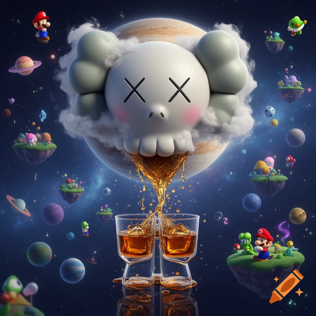 A Kaws-inspired skull head in space vomits golden liquid into whiskey glasses, surrounded by planets and Mario characters.