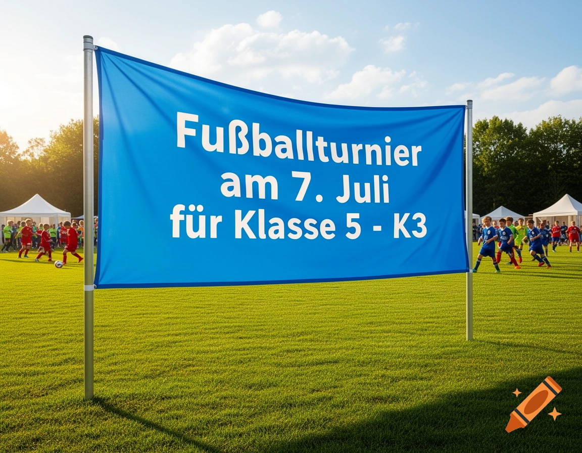 A blue banner on a pole displaying 'Fußballturnier am 7. Juli für Klasse 5 - K3' on a green soccer field with children playing in the background.