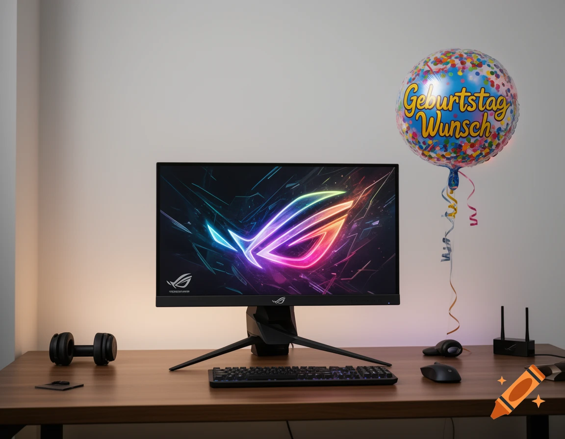 A gaming monitor setup featuring an ASUS ROG Strix monitor displaying a colorful logo, with headphones, keyboard, mouse, and a birthday balloon.
