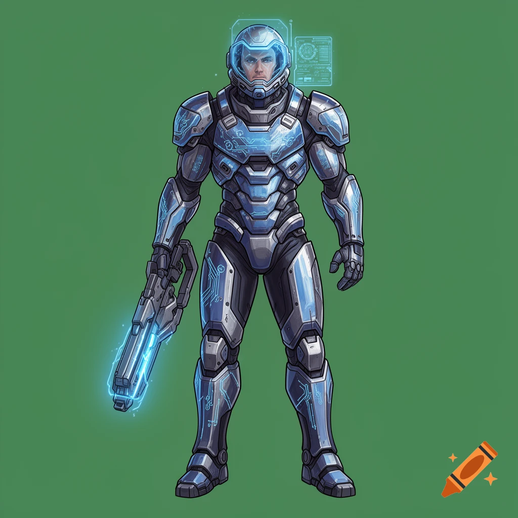 A detailed illustration of a sci-fi space warrior in blue and silver armor with glowing circuits, holding a futuristic weapon, standing on a green background.