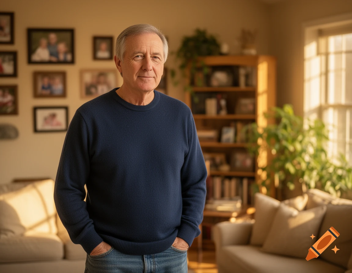 A smiling older man in a navy sweater and jeans stands in a sunlit living room with framed photos on the wall.