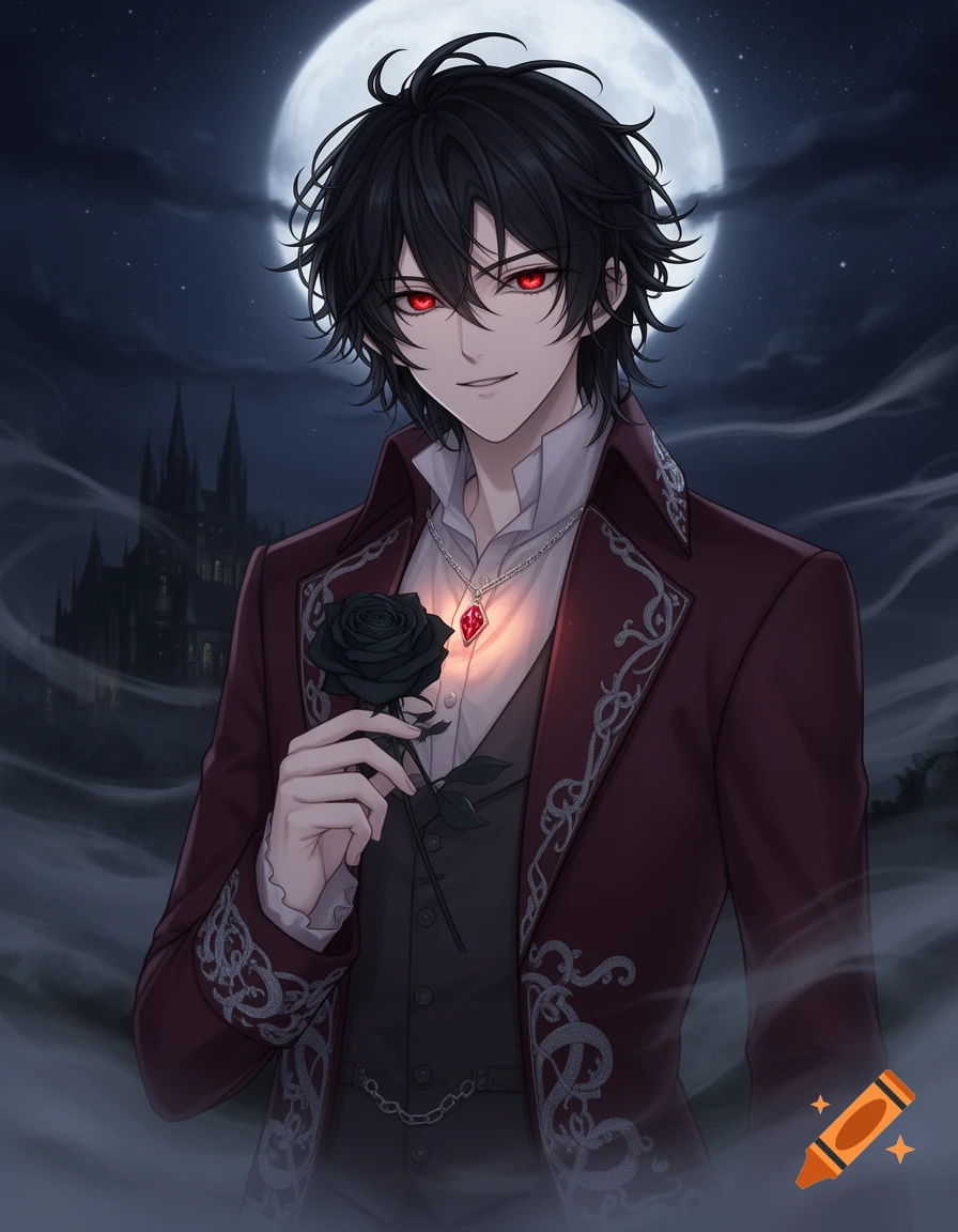 Anime vampire boy with red eyes, smirking, holding a black rose in front of a full moon and gothic castle at night.