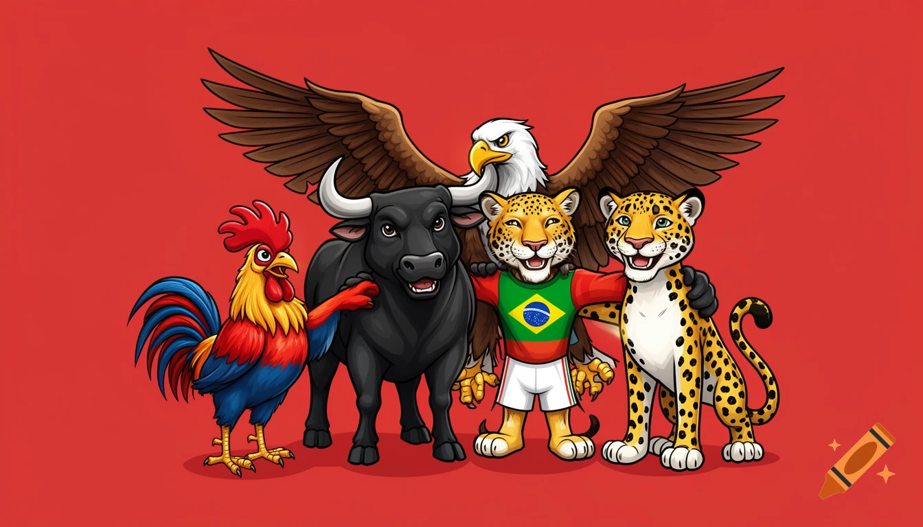 Cartoon of a rooster, bull, eagle, and two jaguars (one in a Brazilian flag shirt) as friendly mascots on a red background.