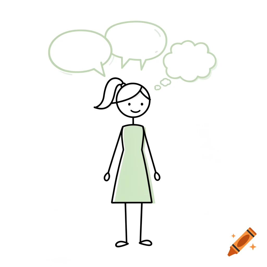 A simple, friendly female stick figure in a green dress, smiling, with speech and thought bubbles above her head, on a white background in a hand-drawn style.