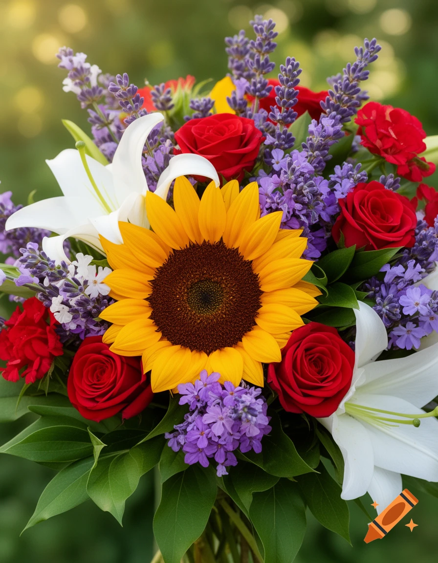 A vibrant bouquet featuring a large yellow sunflower, red roses, white lilies, and purple lavender against a soft green background.