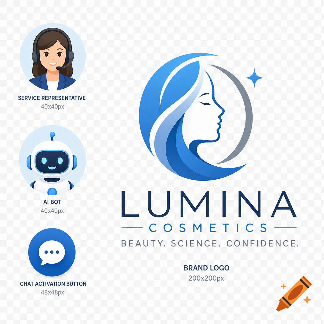 A set of corporate brand images, including a customer service avatar, an AI bot avatar, a chat button icon, and a blue Lumina Cosmetics logo with a woman's profile.