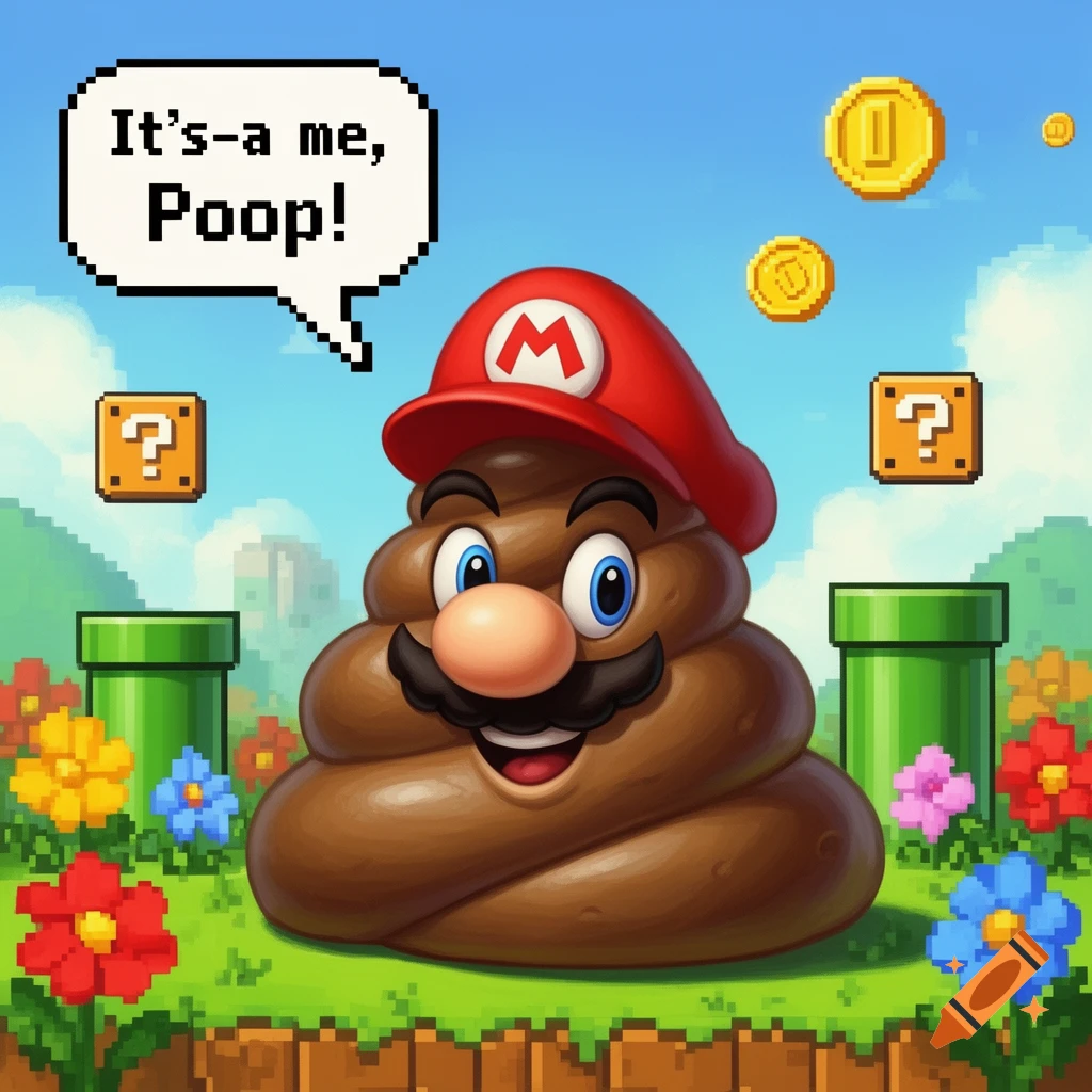Cartoonish poop character wearing a Mario hat and mustache in a Super Mario Bros. pixel art landscape, with a speech bubble saying 'It's-a me, Poop!'