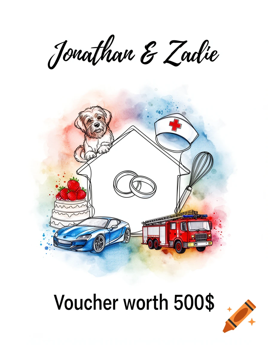 Watercolor line art wedding card featuring a house outline, dog, car, fire truck, and text 'Jonathan & Zadie' and 'Voucher worth 500$'.