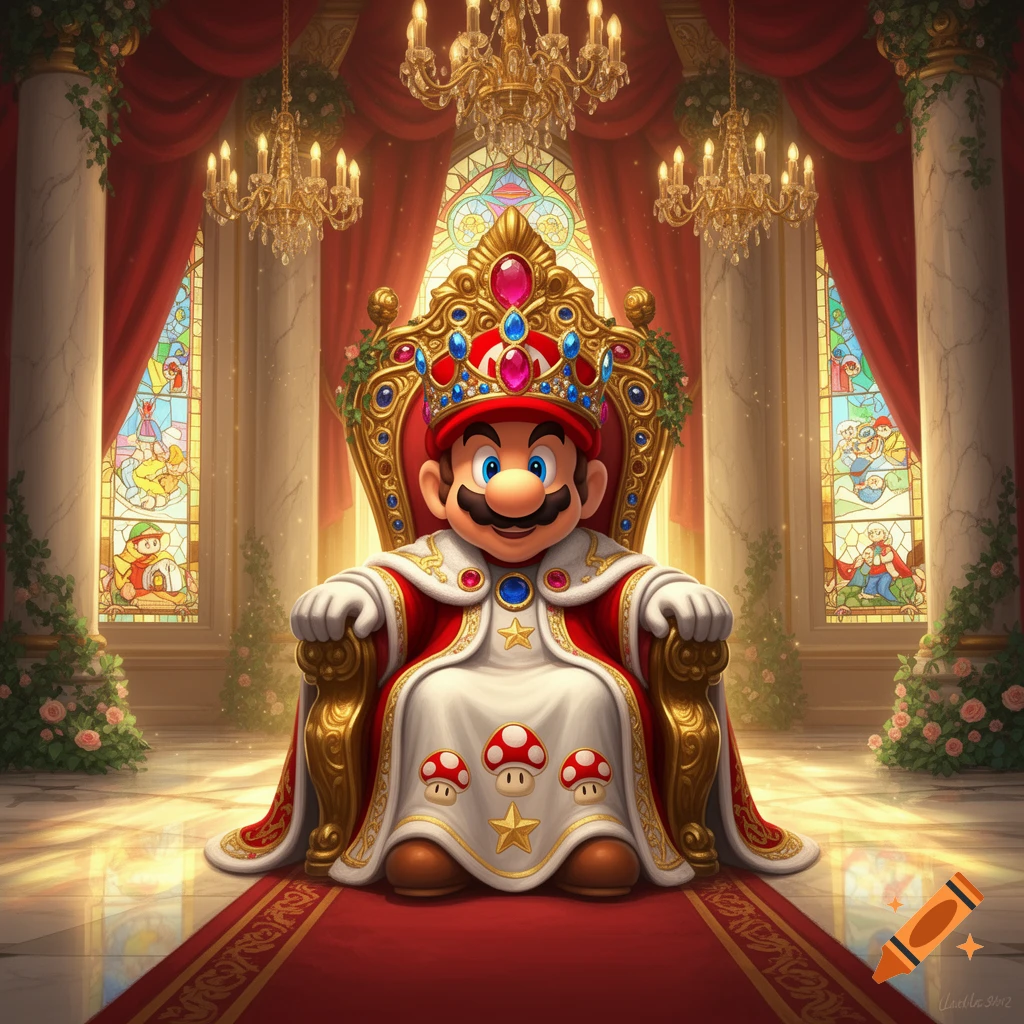 King Mario in royal robes and jeweled crown sits on a golden throne in a grand palace with stained glass windows.