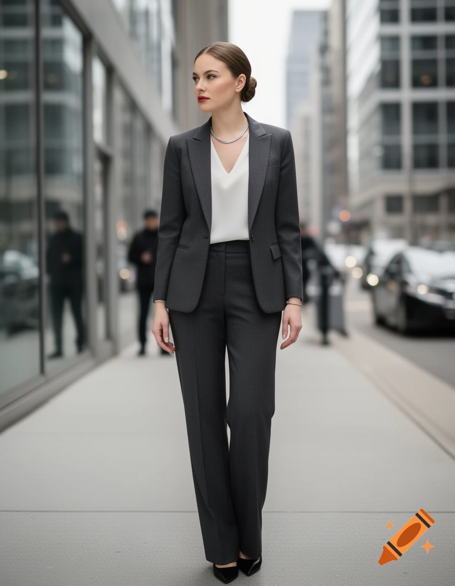 A photorealistic image of a woman in a dark gray business suit and white blouse walking on a city sidewalk.