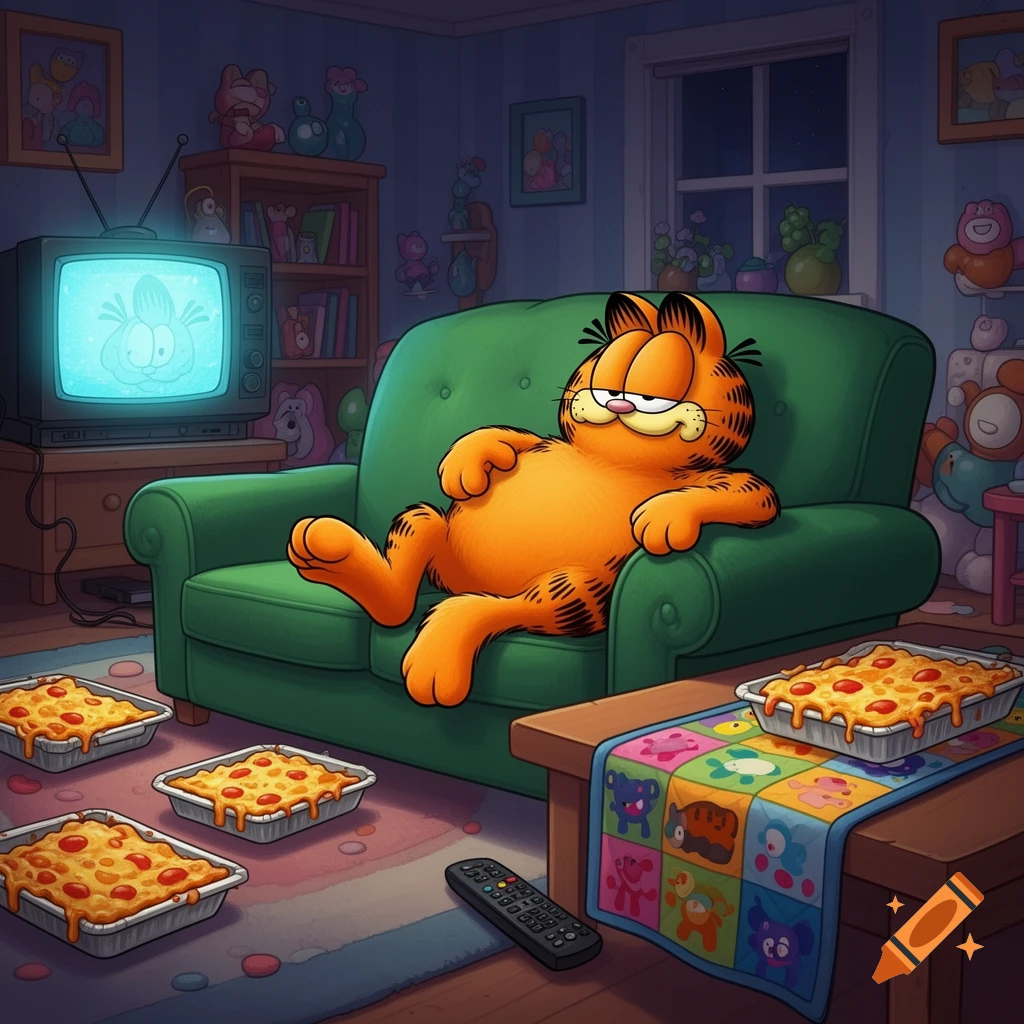 Cartoon Garfield, an orange tabby cat, lounges on a green armchair, surrounded by trays of lasagna in a dimly lit room.