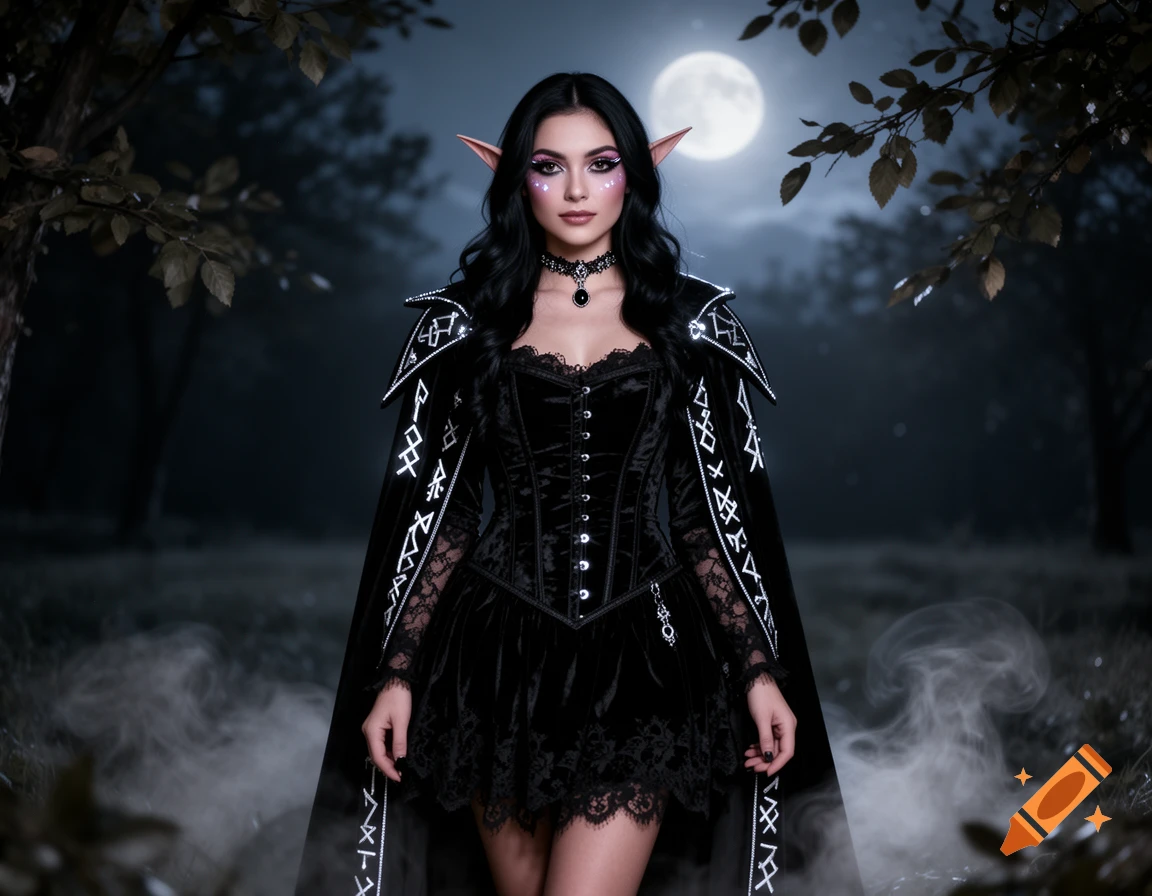A woman dressed as a half-elf warlock in a gothic black velvet dress and cape with white runic symbols, standing in a dark, misty forest under a full moon.