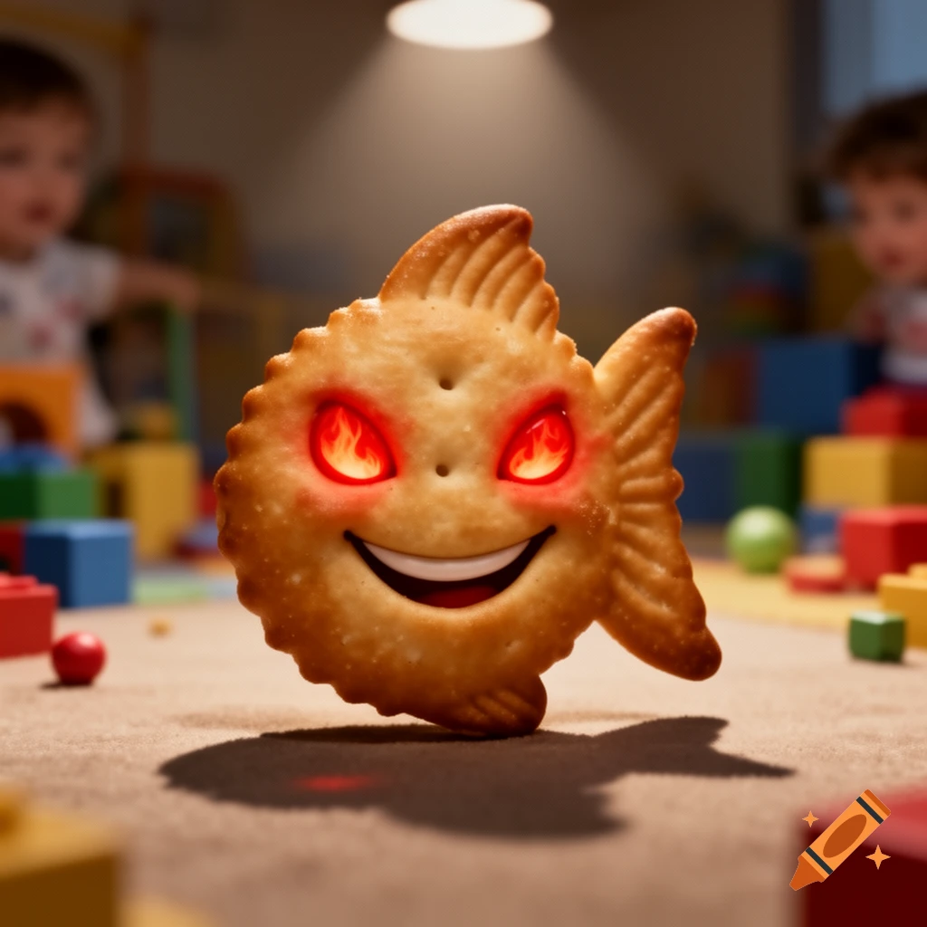 A photorealistic Goldfish cracker with glowing red, fiery eyes and a sinister smile sits on a table in a child's playroom.