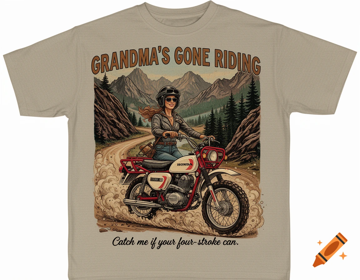 A vintage-style T-shirt graphic features a confident woman in a helmet and sunglasses riding a red and white Honda motorcycle through a dirt mountain trail. Text reads "GRANDMA'S GONE RIDING" and "Catch me if your four-stroke can."