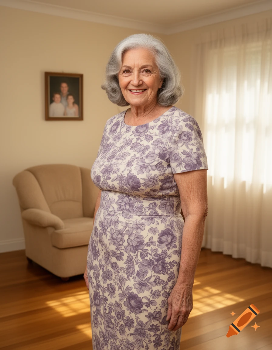 A smiling elderly woman with short grey hair wears a purple and white floral dress while standing in a living room.