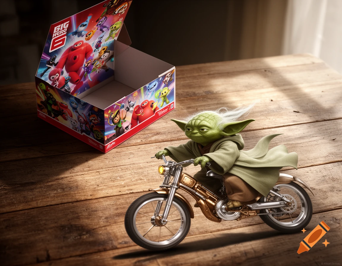 Yoda riding a small, gold-colored bicycle next to an open 'Big Hero 6' box on a wooden table, photorealistic style.