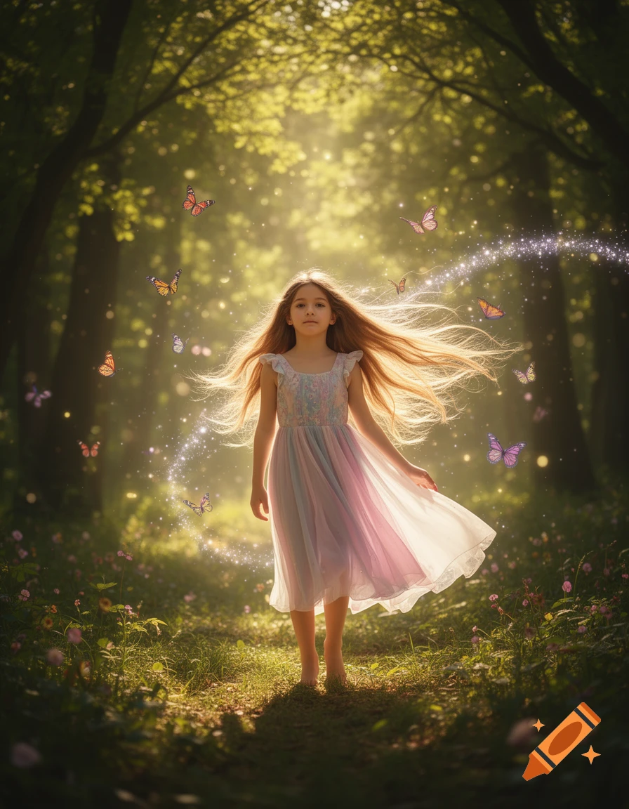 A young girl with long, flowing hair and a light dress stands barefoot in a magical, sunlit forest with butterflies and sparkles.