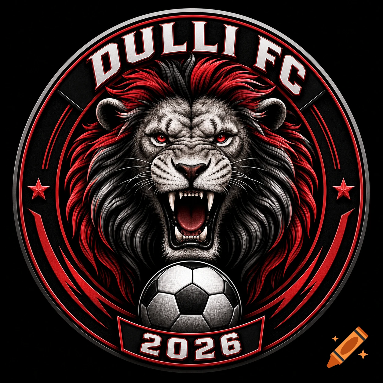 Circular red and black logo for 'Dulli FC 2026' with a fierce roaring lion head and a soccer ball.
