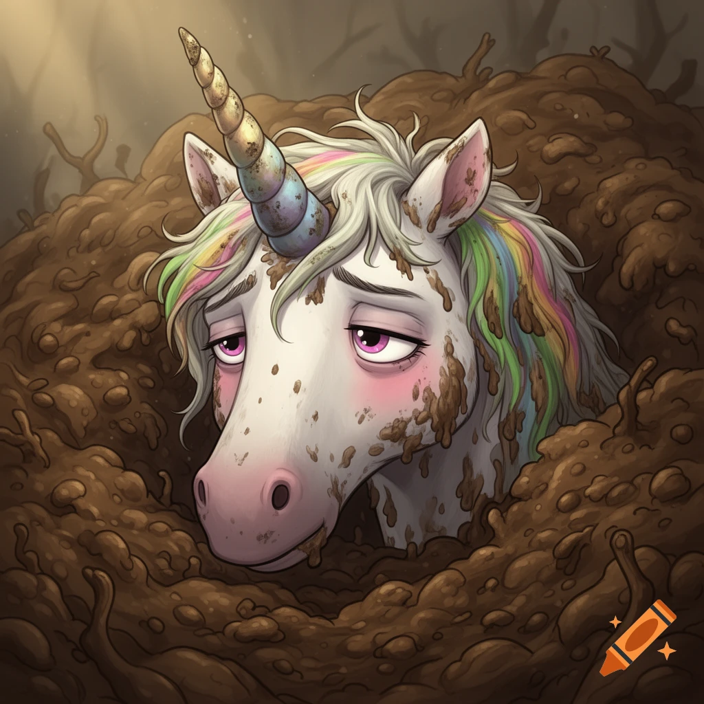 A cartoon unicorn with a rainbow mane and sad eyes, covered in mud and sinking into a dung heap.