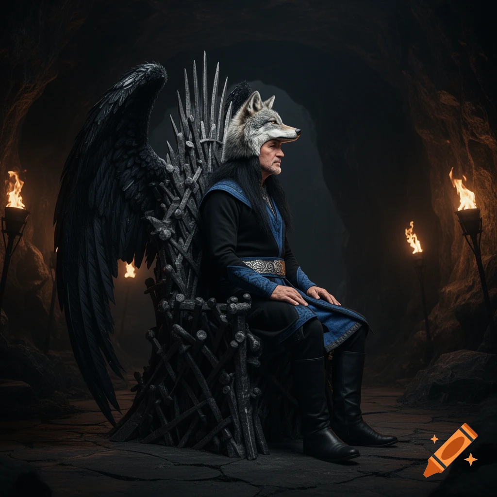 A man wearing a black and blue tunic, a wolf-head hat, and large black wings sits on an iron throne in a dark, torch-lit cave.
