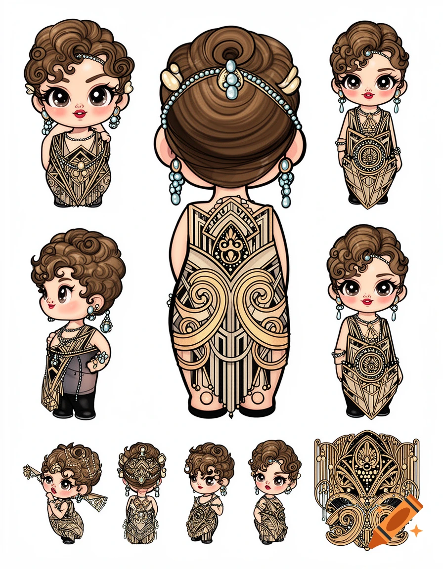 Multiple cartoon chibi characters in Art Deco style golden and black outfits, shown from various angles on a white background, like a reference sheet.