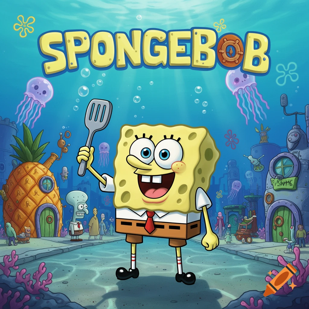 Spongebob Squarepants smiles, holding a spatula in an underwater street with his pineapple house and jellyfish.