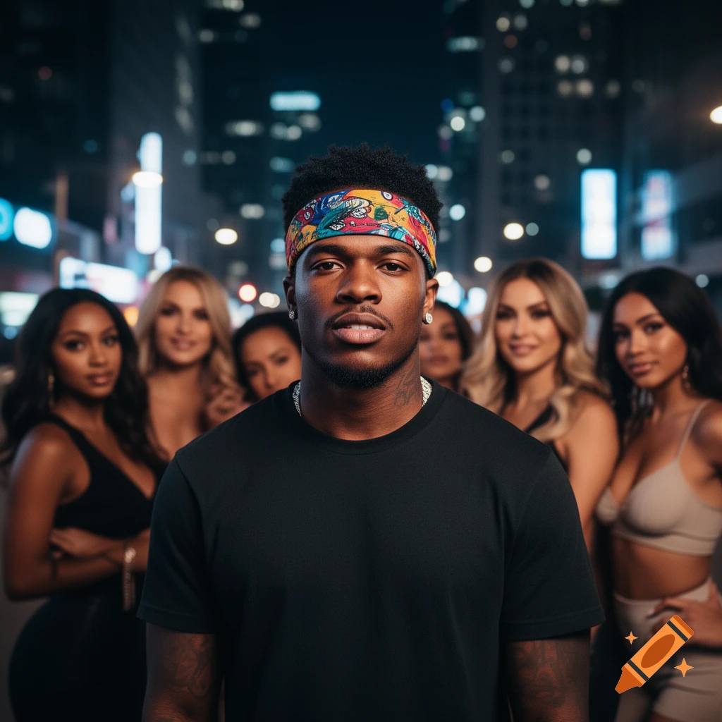 A man in a black t-shirt and colorful headband stands in a city at night, with several women blurred in the background, in a photorealistic style.