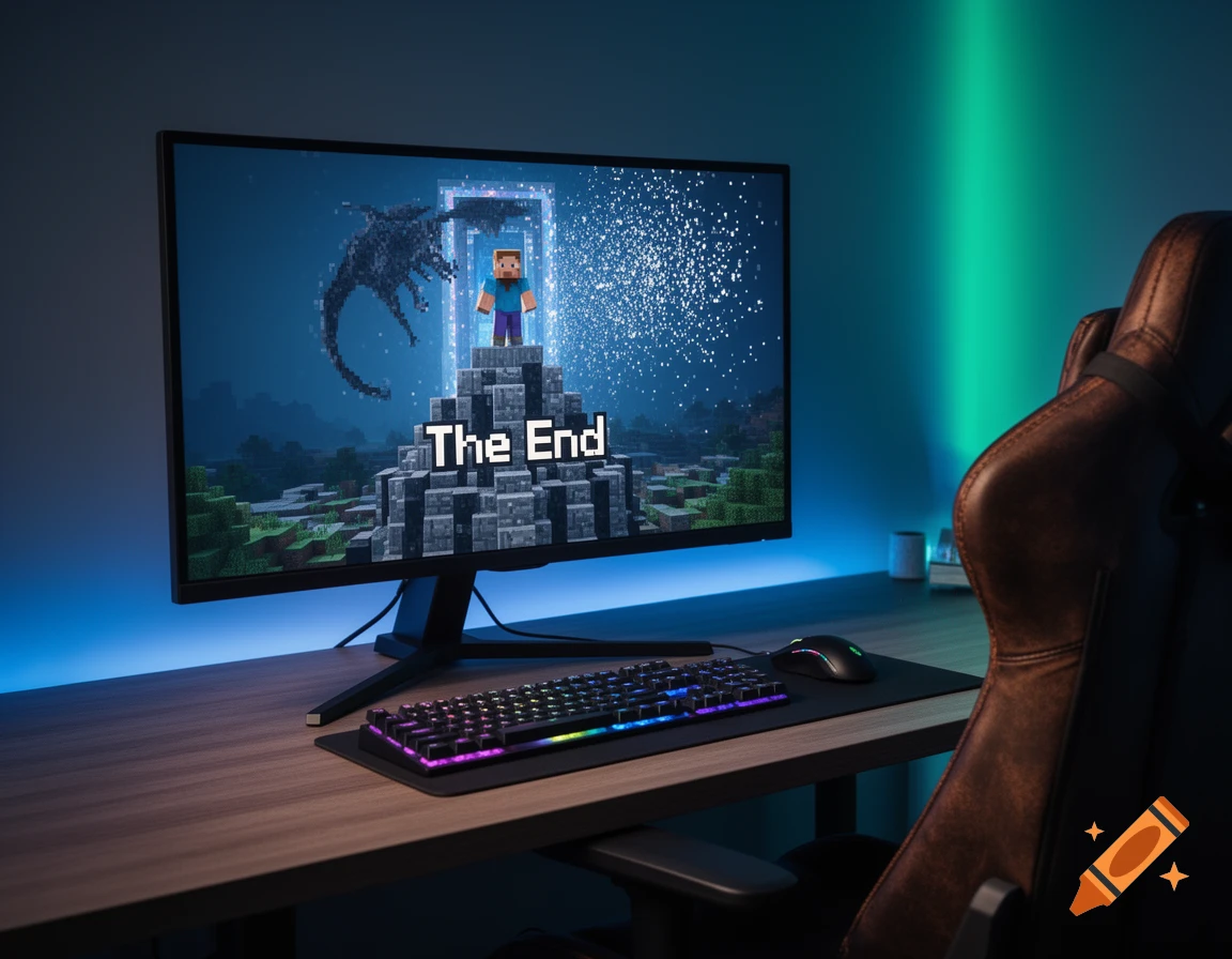 A gaming setup with a monitor displaying the 'The End' scene from Minecraft, featuring Steve and the Ender Dragon. A glowing keyboard and mouse are on the desk, with blue and green LED lighting.