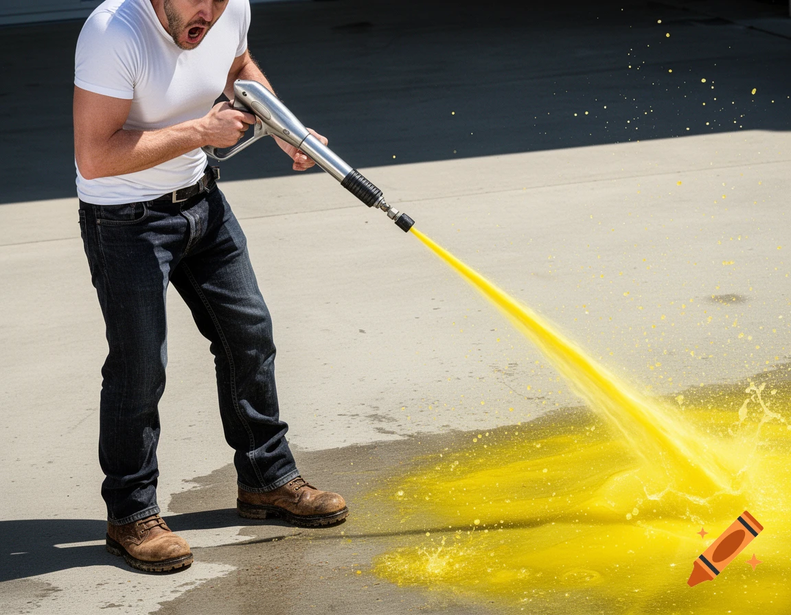 A man in a white t-shirt and jeans uses a pressure washer to spray a bright yellow liquid onto a concrete surface, creating a splash.