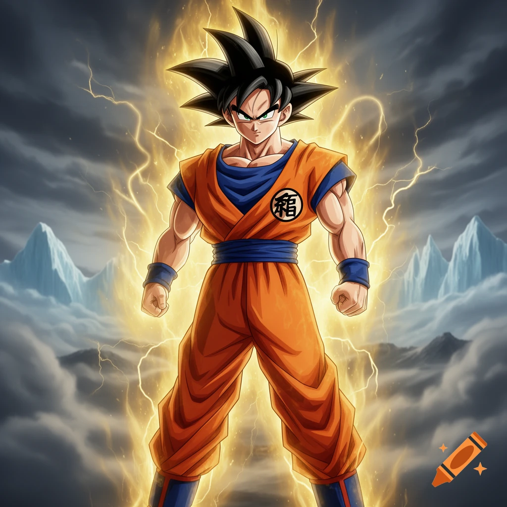 Goku in an orange gi with blue undershirt, his black spiky hair and green eyes glowing with golden energy and lightning against a cloudy, mountainous background.
