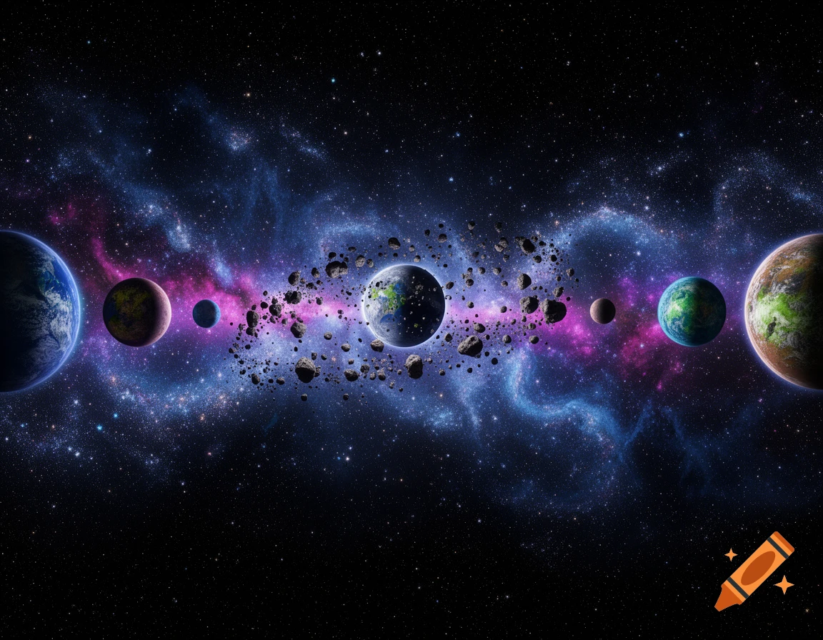 A vibrant cosmic scene with multiple planets and an asteroid belt amidst colorful nebulae and stars.