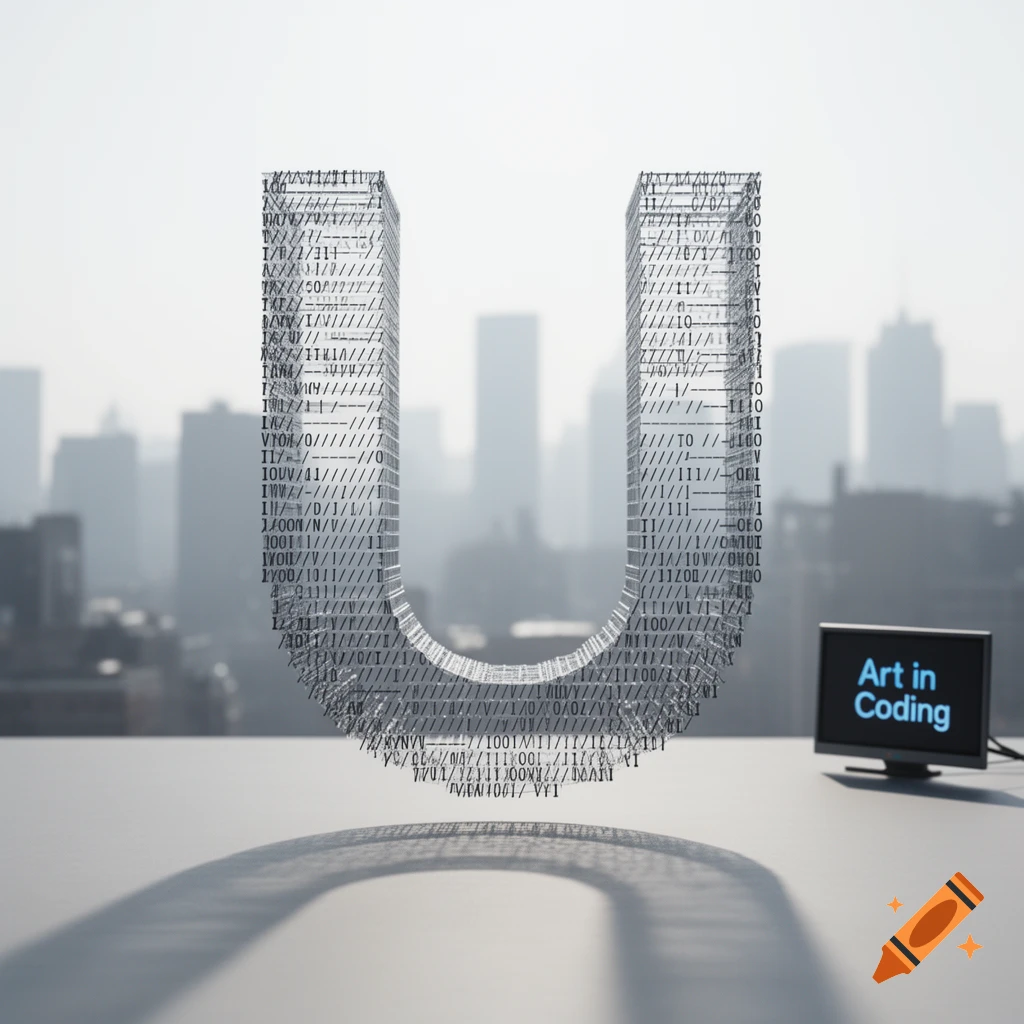 A large, floating letter 'U' made of ASCII code, casting a shadow, with a cityscape background. A monitor shows 'Art in Coding'.