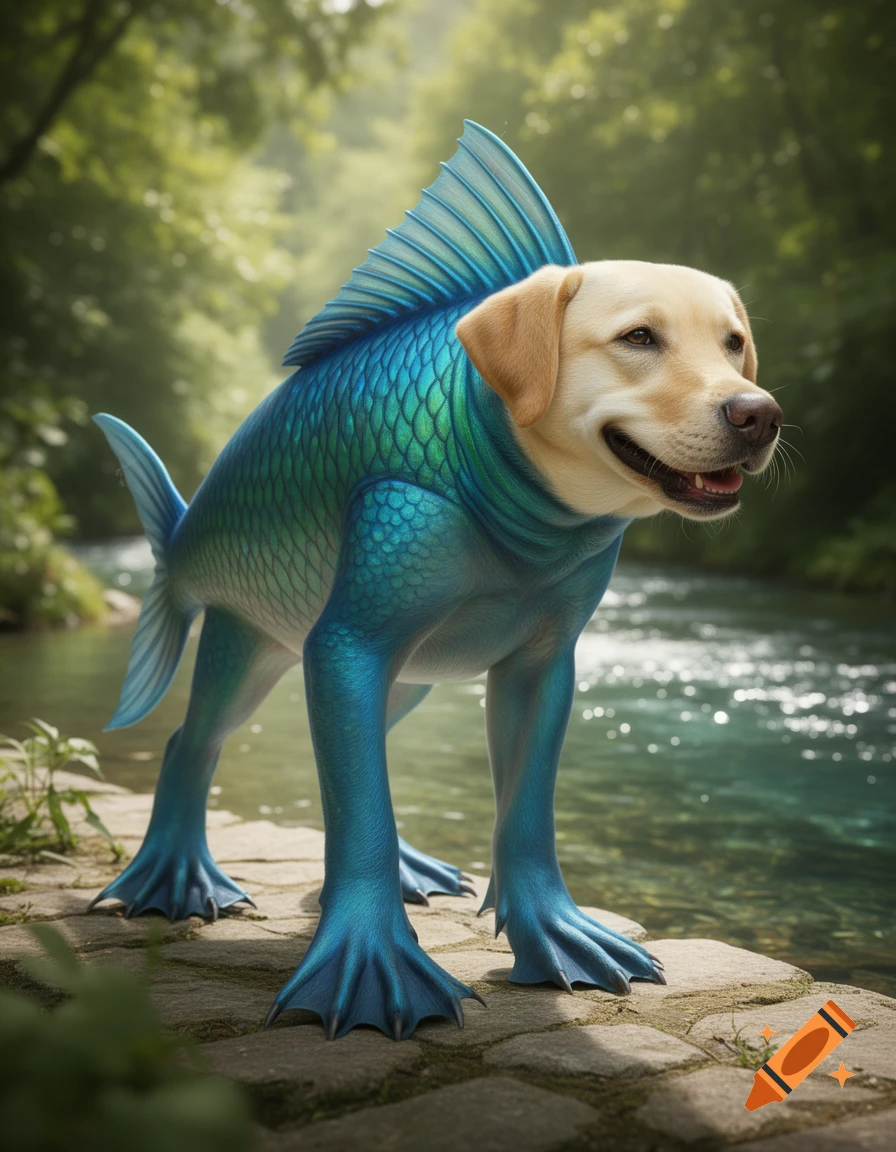 Photorealistic golden retriever head on a blue-green fish body with webbed feet, standing by a river in a lush forest.