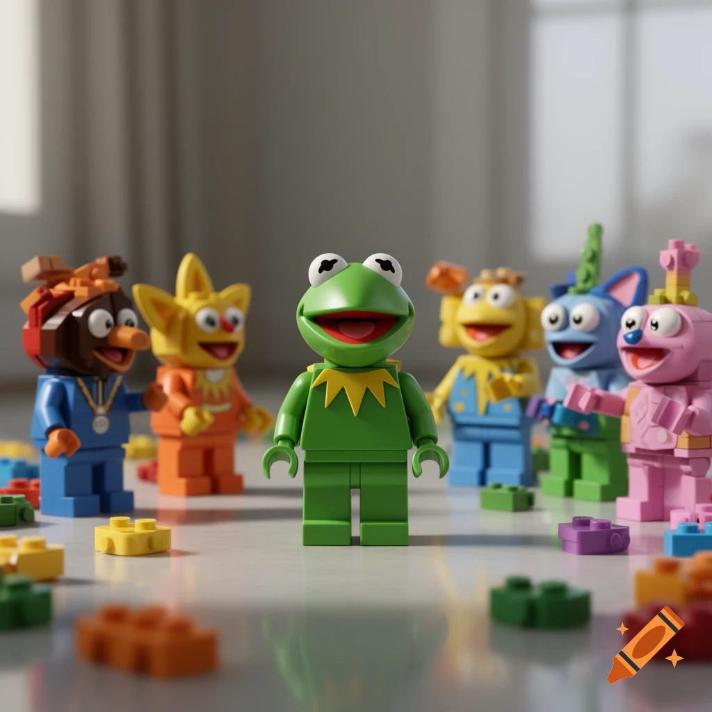 A photorealistic image of a Kermit the Frog Lego minifigure standing with other colorful Muppet-like Lego figures and scattered bricks.