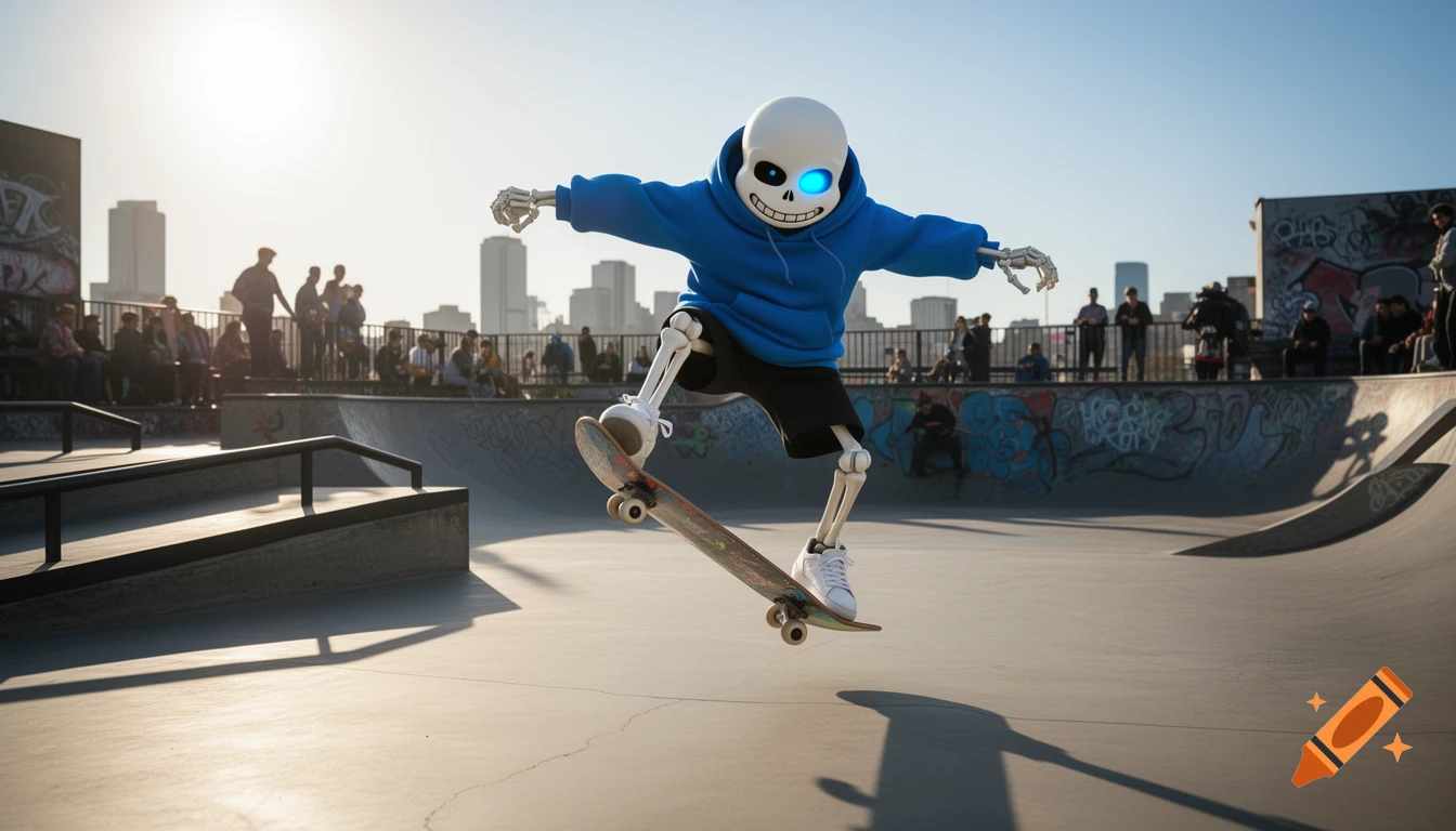 Sans from Undertale, a skeleton in a blue hoodie, is performing a kickflip on a skateboard in a sunny outdoor skatepark.