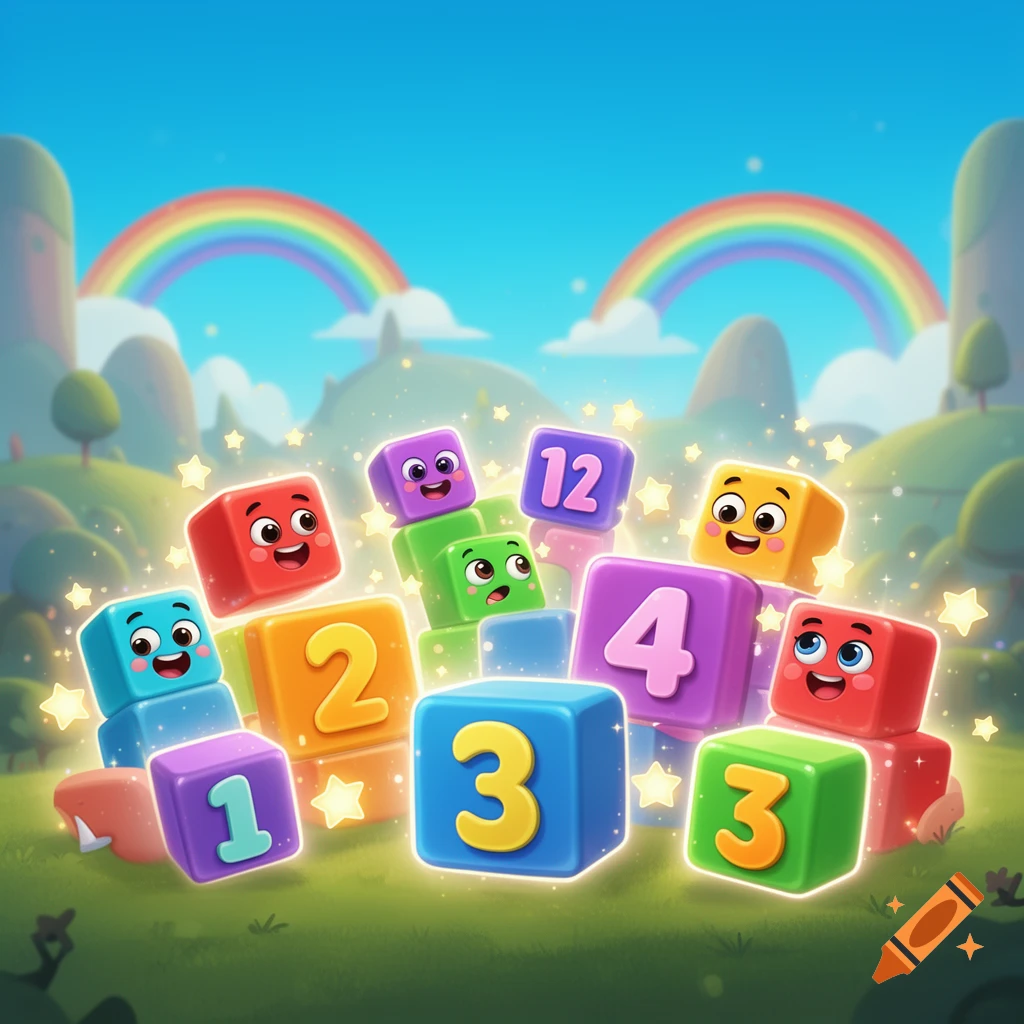 Bright, cartoon number blocks with happy faces scatter across a grassy, whimsical landscape under a blue sky with rainbows.