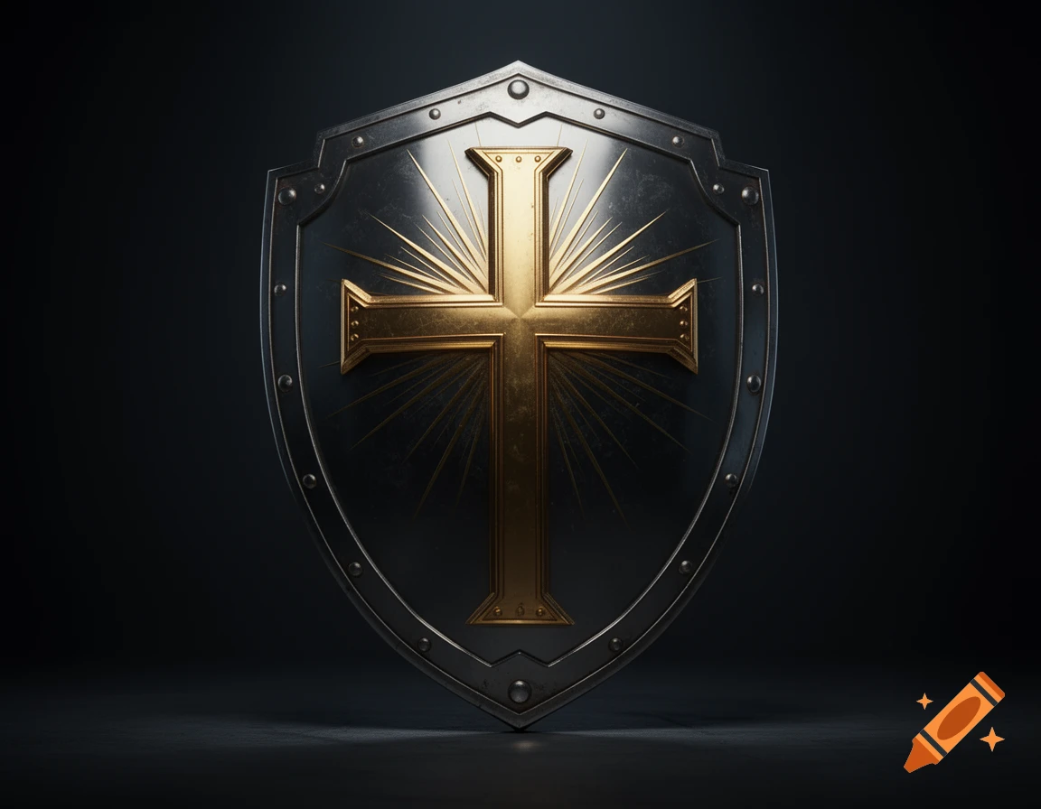 A dark metallic shield with a prominent golden cross radiating light, set against a dark background.