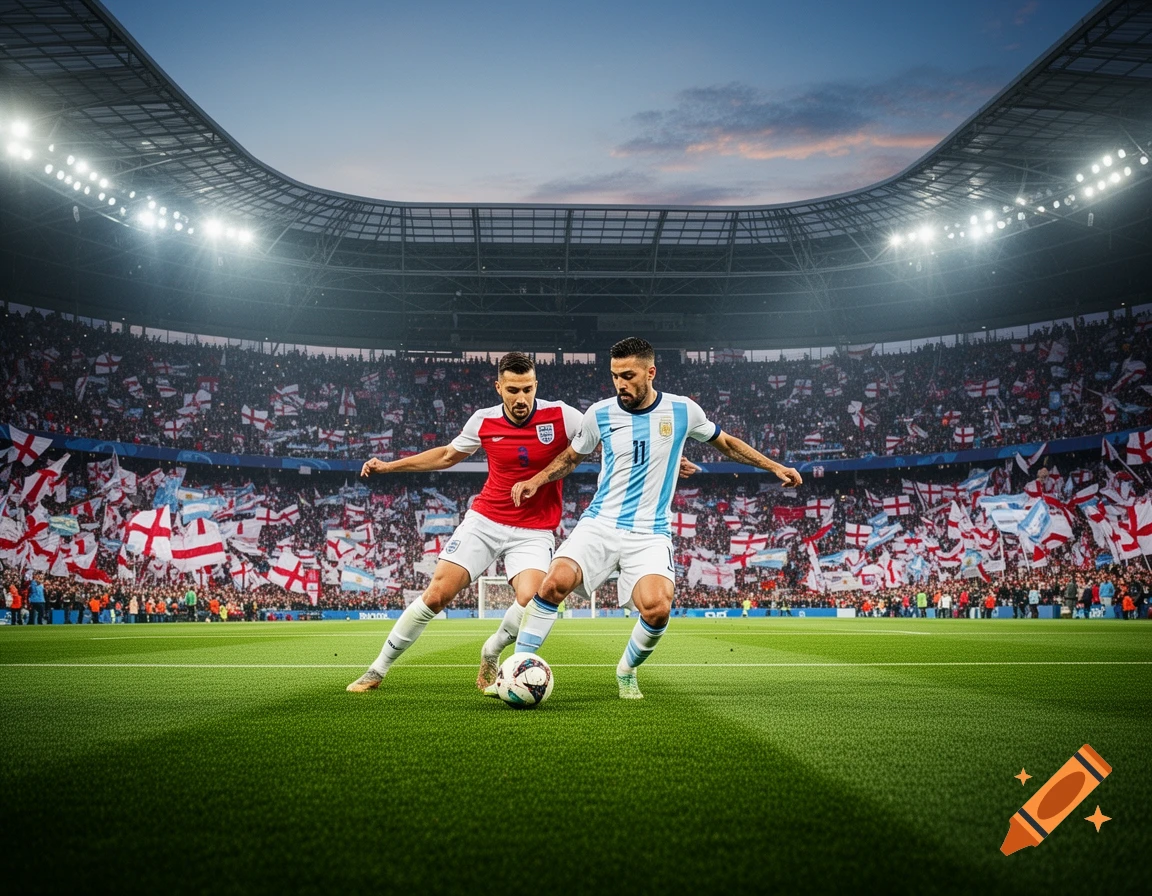 Two football players in England and Argentina jerseys vie for the ball in a crowded stadium during a match.