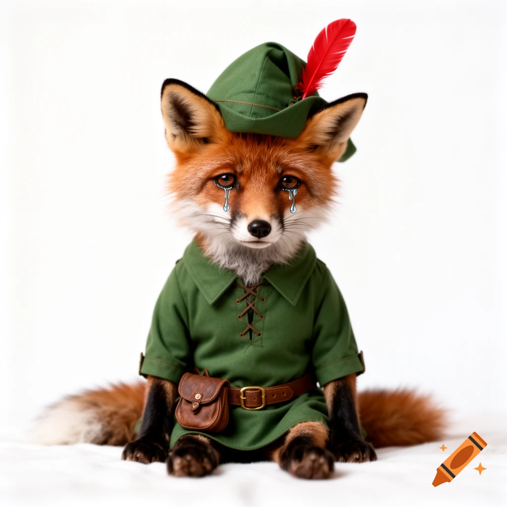 A sad, teary-eyed photorealistic fox dressed as Robin Hood sits on a white background.