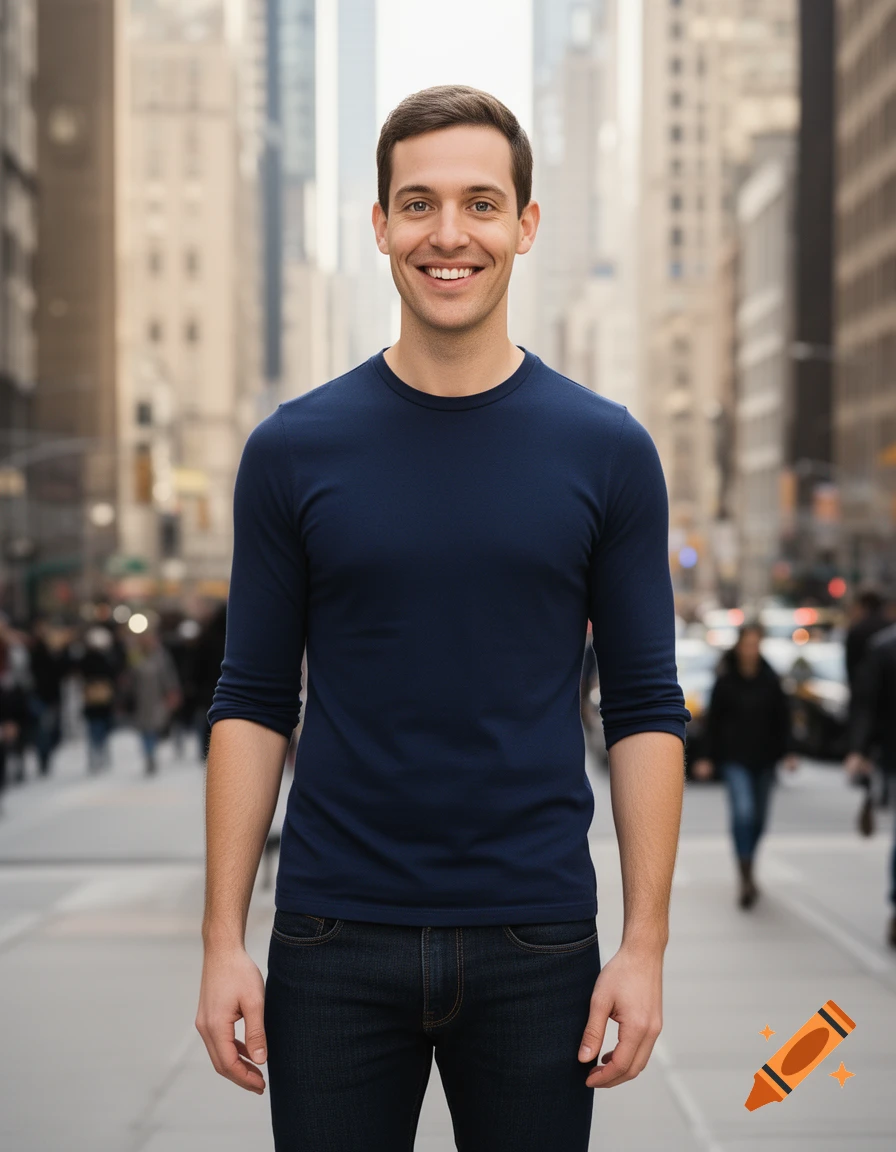 A friendly man in a navy shirt and jeans smiles at the camera on a blurred city street with buildings in the background.
