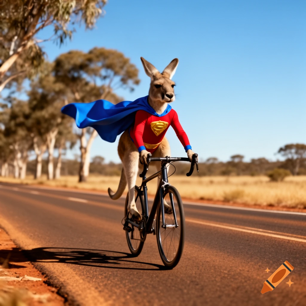 A photorealistic kangaroo in a red and blue superhero costume with a yellow 'S' shield and cape rides a road bicycle on a dirt road in an Australian landscape under a clear blue sky.