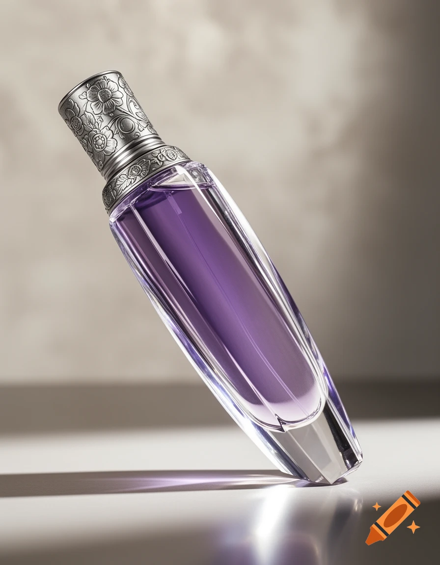 A sleek, clear glass perfume bottle with purple liquid and an ornate silver cap, tilted on a reflective surface with soft shadows.