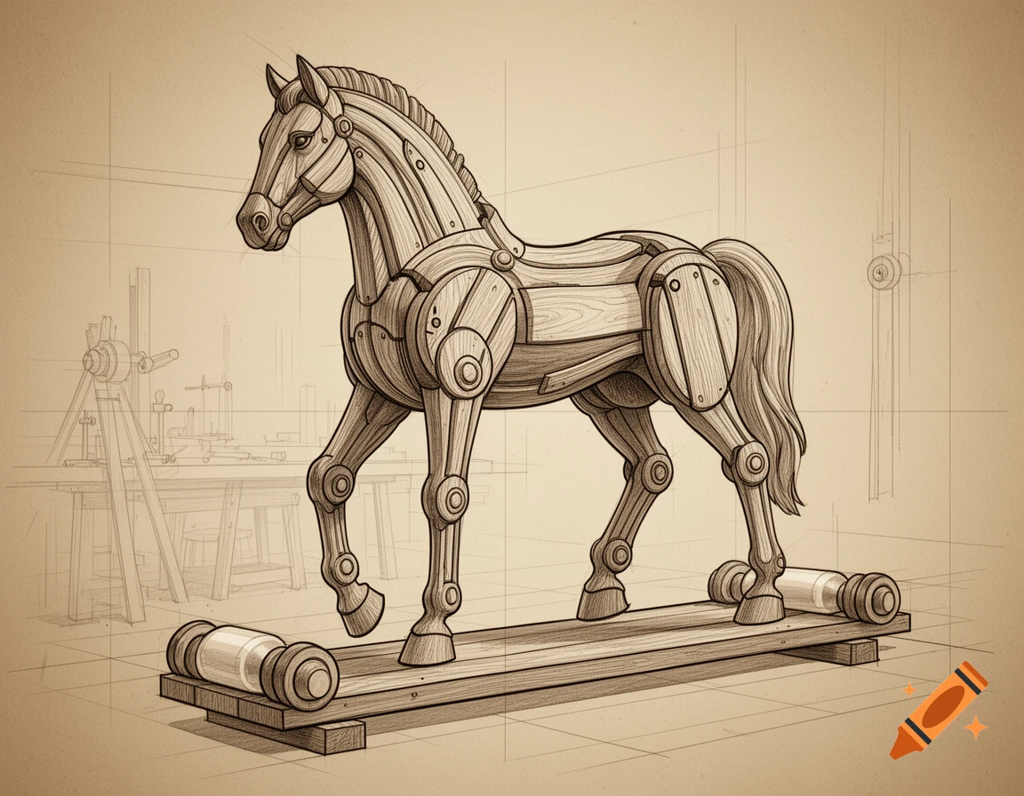 Technical drawing of a mechanical wooden horse on a wheeled platform in a workshop setting.