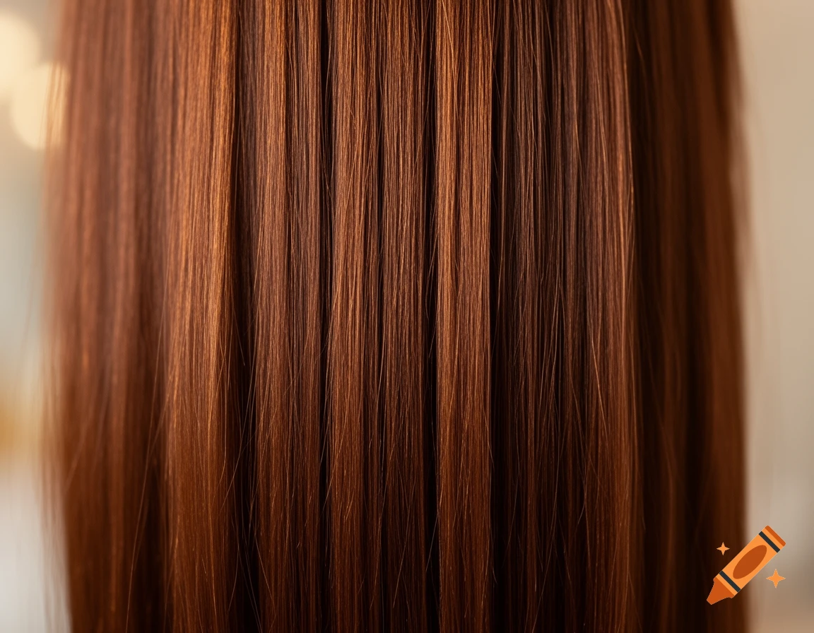 Close-up of straight, shiny chestnut-brown hair with individual strands visible.