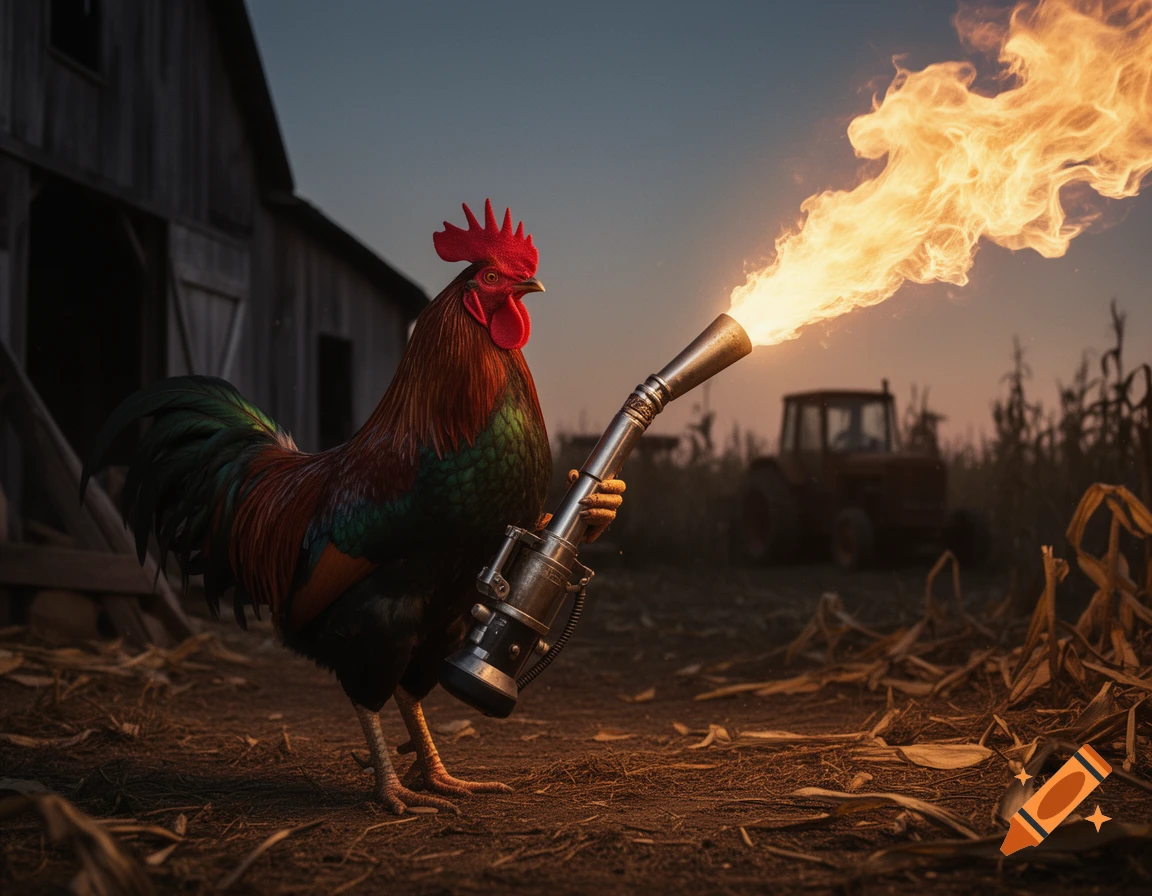 A photorealistic rooster wields a flamethrower, shooting a large flame across a rural farm field at dusk.