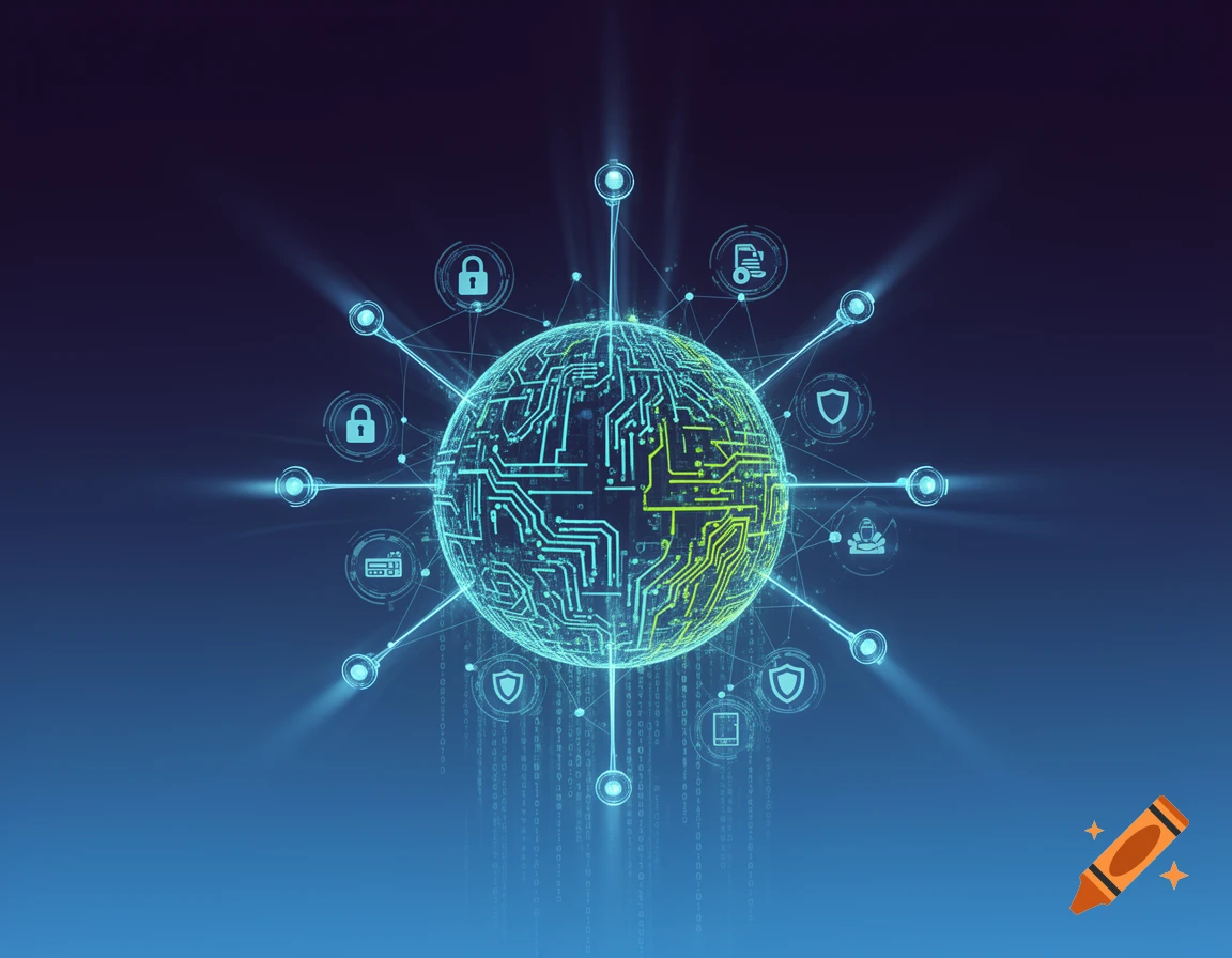 A glowing circuit board sphere representing a global network, surrounded by connected cybersecurity icons like locks and shields, on a blue digital background.