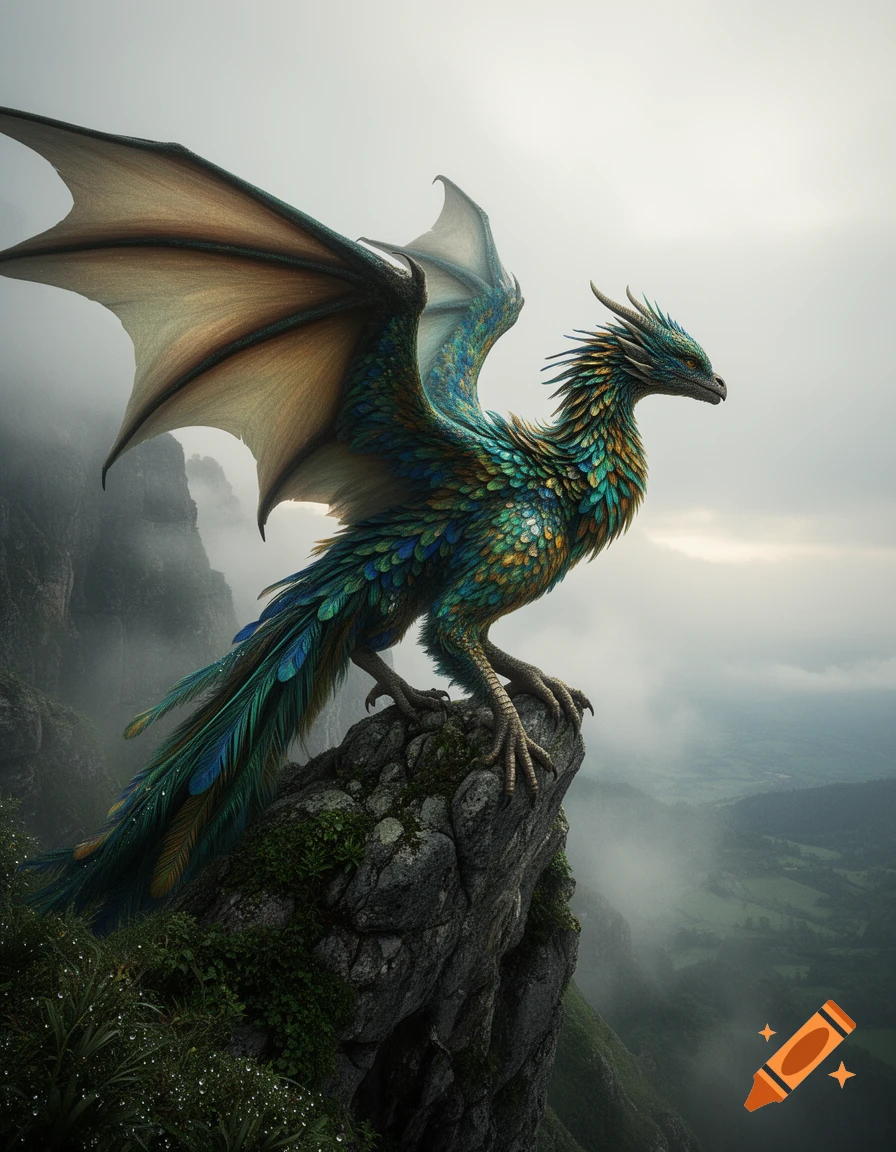 A vibrant, majestic feathered dragon with large wings stands on a misty mountain peak, overlooking a valley.